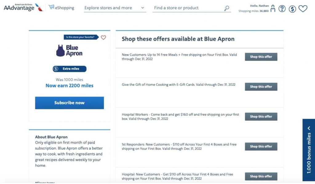 Screenshot of Blue Apron offers on AAdvantage shopping to earn AA miles