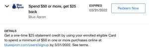screenshot of amex offer for blue apron spending