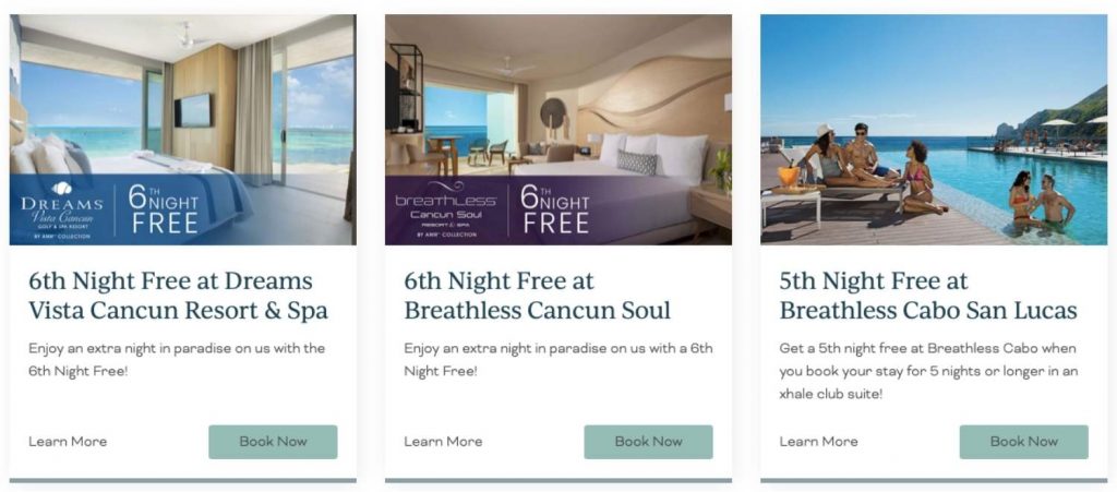 Screenshot of AMR Collection hotels offering free nights or discounts, which could improve the 10X Hyatt points promotion