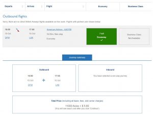 British Airways redemption on American Airlines from Dallas to Los Angeles