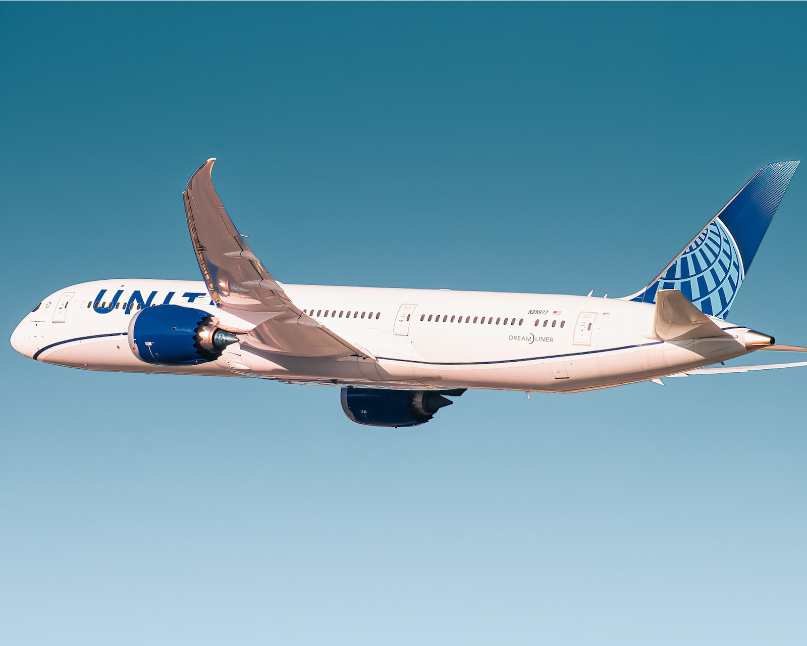 a United Airlines Dreamliner in flight