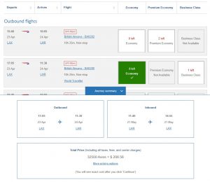 British Airways Avios and cash cost for flying LAX-LHR