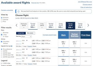 screenshot showing SriLankan Airlines awards priced using Alaska miles