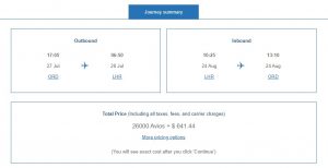 British Airways Avios and cash cost for flying Chicago to London