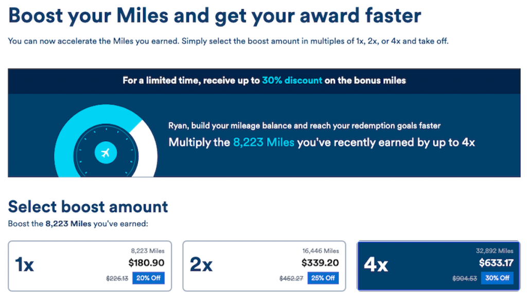 Screenshot of miles boost options