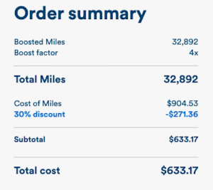 Screenshot of pricing to boost my Alaska miles by 4X