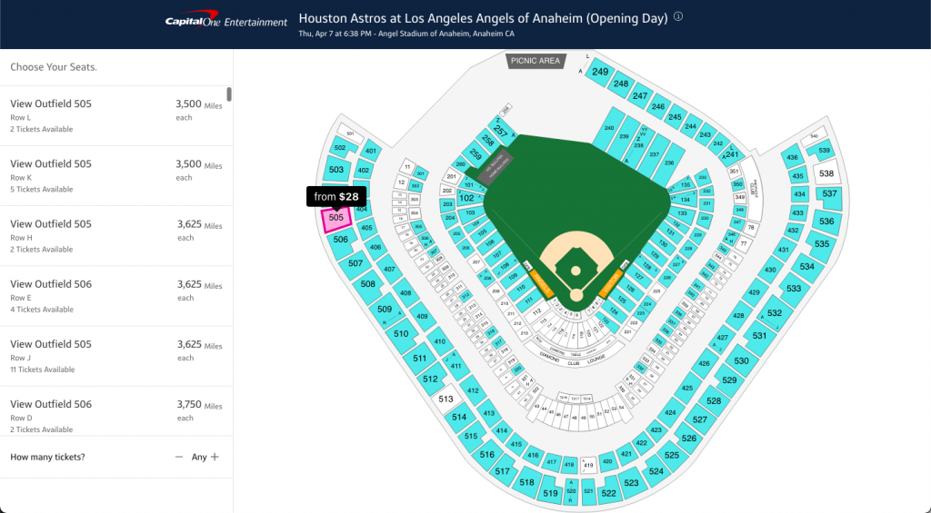 Screenshot of Capital One Entertainment prices for using points for opening day game at Los Angeles Angels of Anaheim