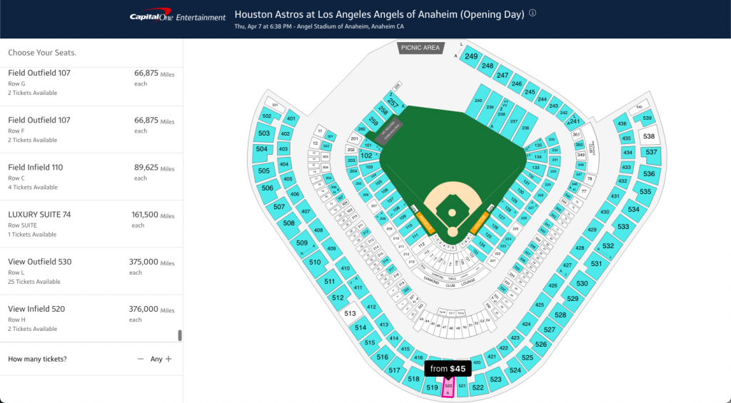 Screenshot of Capital One Entertainment prices for using points for opening day game at Los Angeles Angels of Anaheim