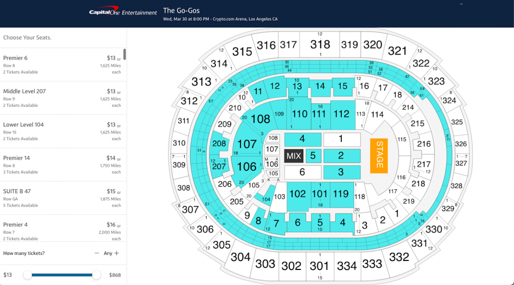 Go-Gos tickets using Capital One Miles to pay