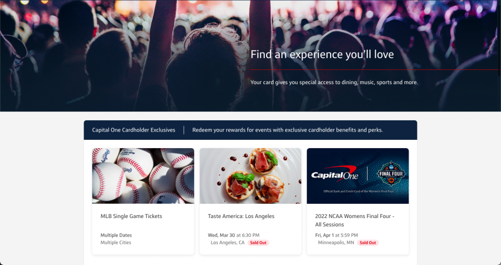 Screenshot of the home page of Capital One Entertainment