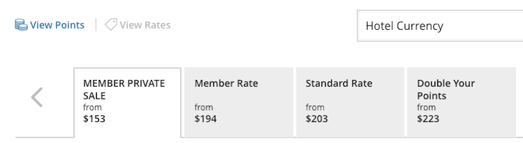 Screenshot of promotion rates and standard rates using Hyatt Private Sale at the Hyatt Place Las Vegas