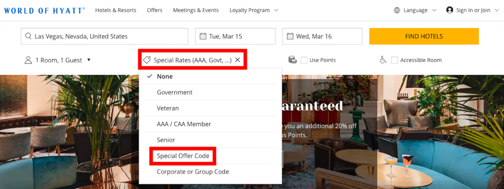Screenshot of Hyatt home page showing how to insert special offer code during search