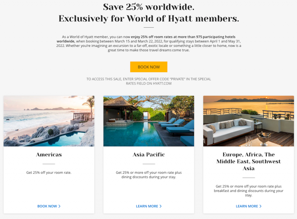 screenshot of promotion page for Hyatt private sale in March-April 2022