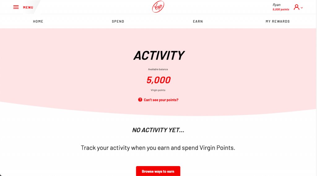 Screenshot of my Virgin Red account showing points balance with no history of activity