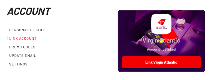 Screenshot of account page showing option to link Virgin Atlantic Flying Club