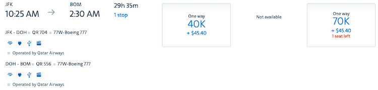 Screenshot of American Airlines award pricing JFK-DOH-BOM flying on Qatar Airways