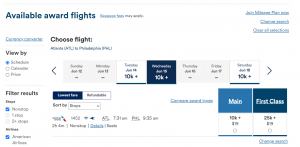 Alaska Mileage Plan award search between Atlanta and Philadelphia on American Airlines