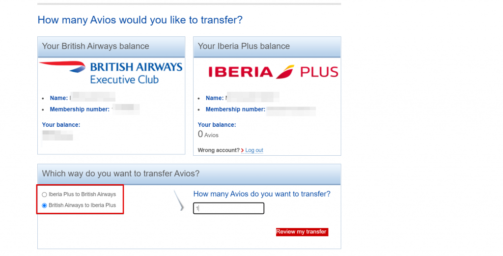 Final page asking how many Avios to move and which direction