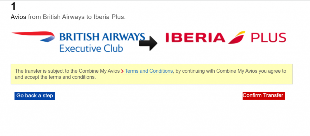 Review page for transfers between British Airways and Iberia