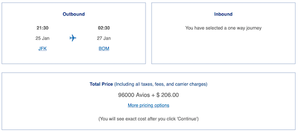 Screenshot of BA award pricing JFK-DOH-BOM; as British Airways reduces Avios pricing for Qatar Airways flights, direct flights pricing matches but this connecting flight doesn't match.