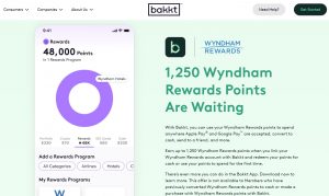 Screenshot of Wyndham-Bakkt promotion offering 1,250 bonus points after linking Wyndham Rewards to Bakkt