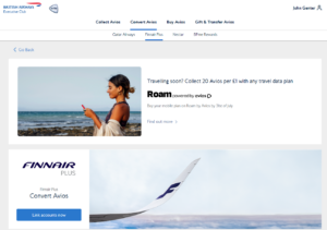 Screenshot showing the option to combine British Airways with Finnair Avios