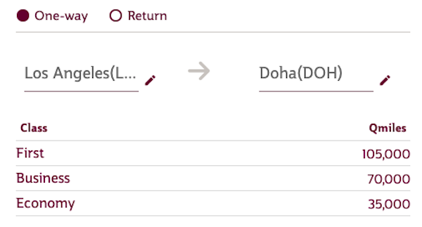 Screenshot of award pricing from Qatar Airways calculator, LAX-DOH
