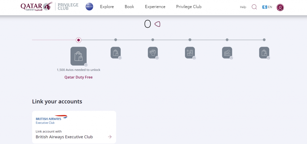 Screenshot of Qatar Airways Privilege Club website where it asks you which account you want to link so you can transfer Avios to British Airways