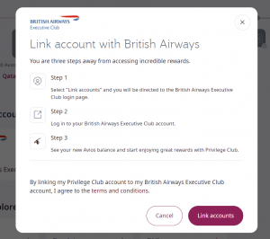 Pop-up gives information about the process to link British Airways and Qatar Privilege Club accounts to transfer Avios