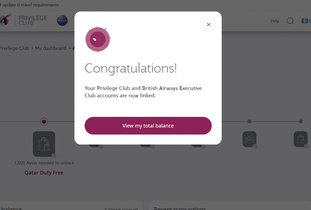 A pop-up with a 'congratulations' message confirms the British Airways and Qatar Airways accounts are linked