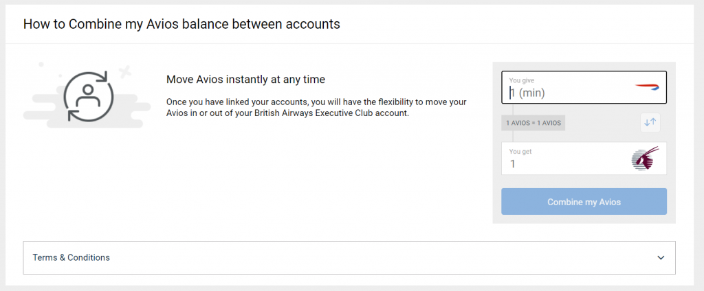 Screenshot of transfer page on British Airways website before you complete a transfer of Avios to Qatar Airways