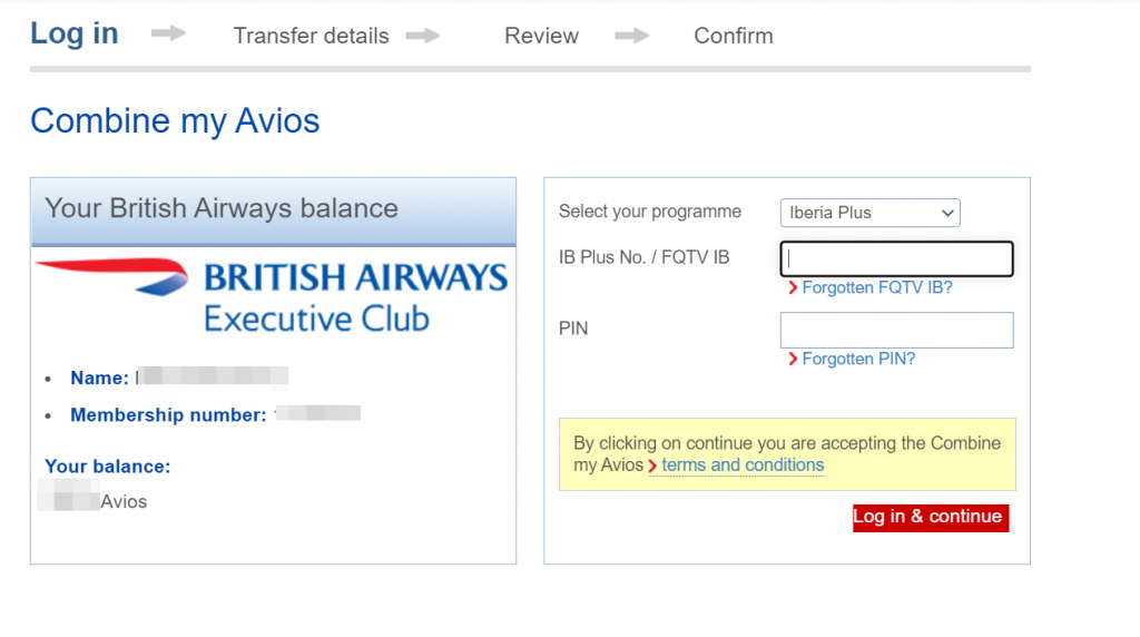 Screenshot of page asking for Iberia log-in details to combine Avios