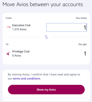 Screenshot shows balances are visible when using Qatar Airways website for Avios transfers with British Airways
