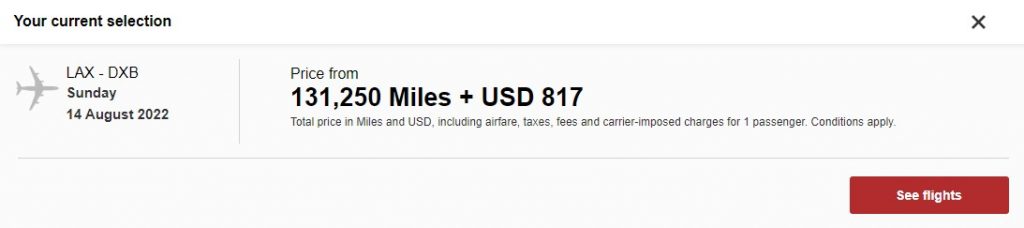Emirates LAX to DXB Flight showing $817 of fuel surcharges