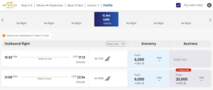 Screenshot showing Etihad Guest award pricing from Miami to Charleston on American Airlines