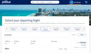 Screenshot showing JetBlue award prices between Atlanta and Fort Lauderdale