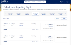 Screenshot showing JetBlue award prices between Los Angeles and Las Vegas