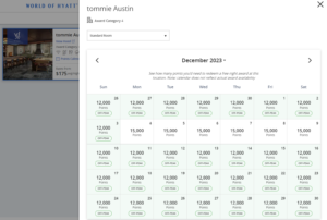 Screenshot showing Tommie Austin off-peak World of Hyatt award pricing for December 2023 before a 20% cardholder discount