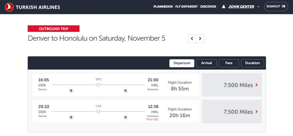 Screenshot of Turkish Airlines' previous award pricing to Hawaii