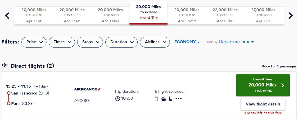 Flying Blue economy awards price between San Francisco and Paris