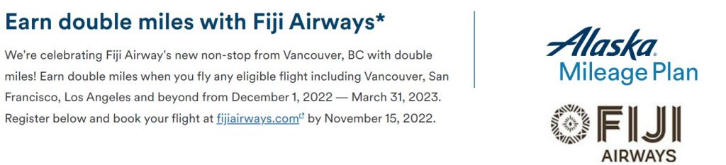Alaska and Fiji Airways Double Points Promo