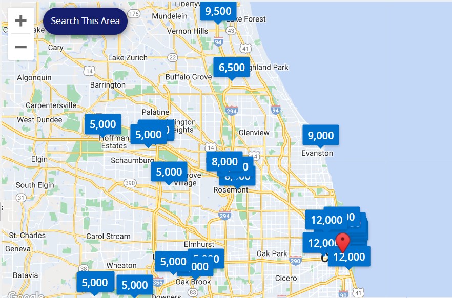 map of Hyatt hotels in Chicago showing the number of points required at each