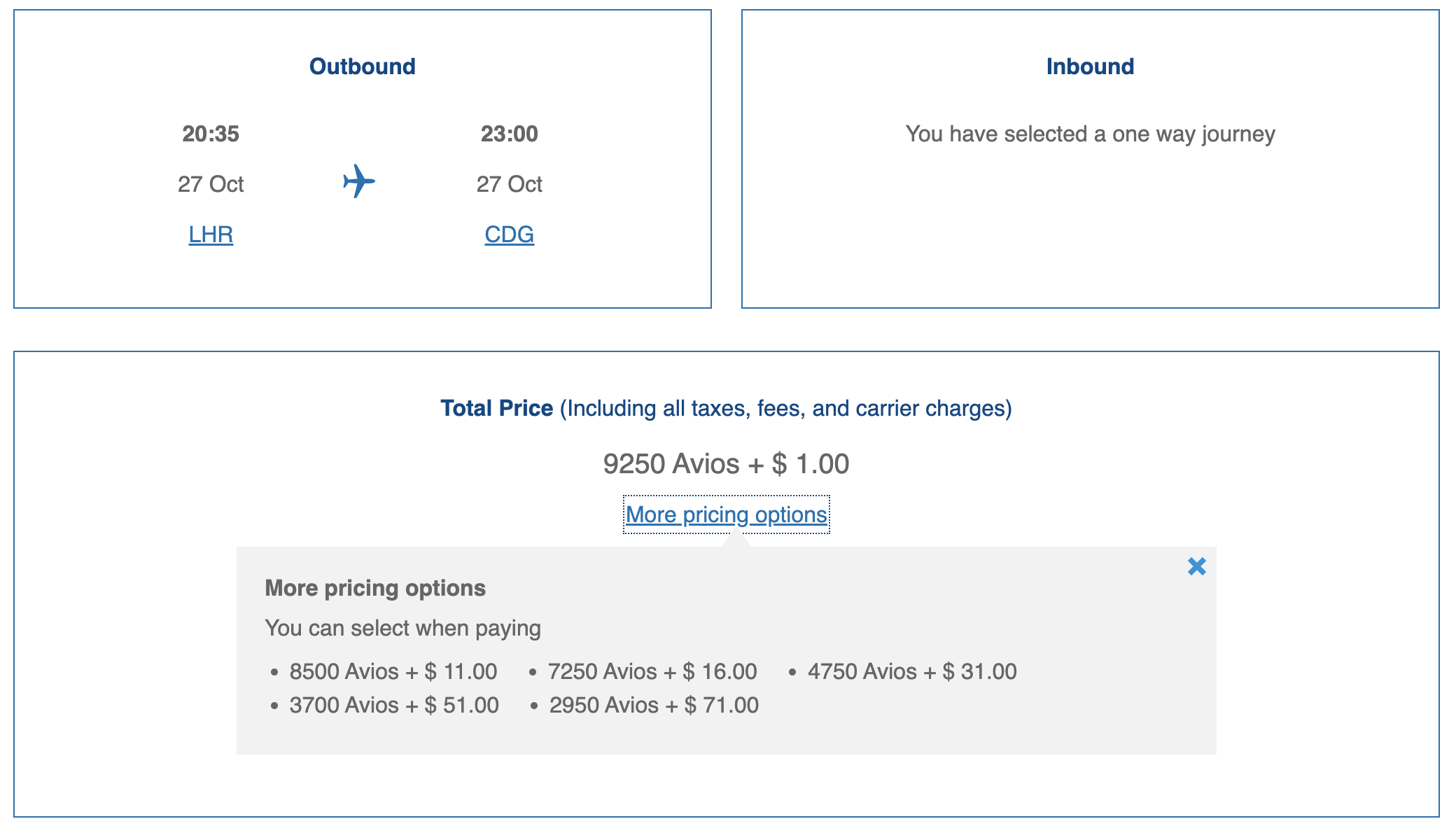 Flexible Avios plus cash rates on a flight between London Heathrow and Paris