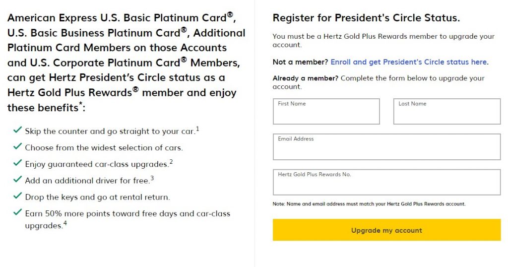 registration page for Amex Platinum cardholders to claim Hertz President's Circle status