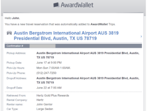 Screenshot of AwardWallet email showing Hertz reservation added