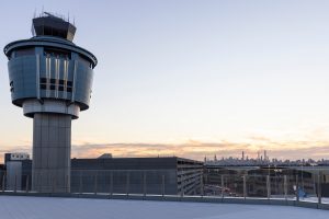View of the control tower at LaGuardia Airport from the upcoming Capital One Landing lounge.