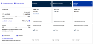 Screenshot of United MileagePlus pricing from Washington DC to Frankfurt