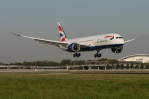 a British Airways plane is landing on the runway