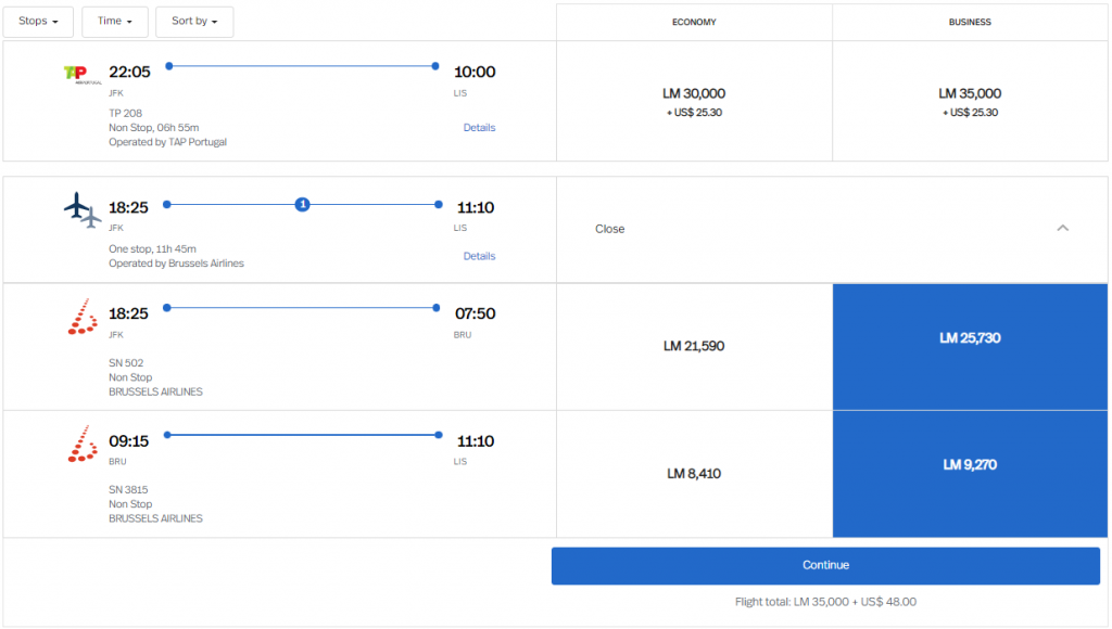 Unpublished award sweet spot from New York to Lisbon using LifeMiles