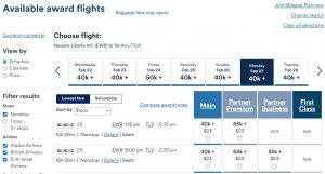 Alaska Mileage Plan award on El Al Newark to Tel Aviv